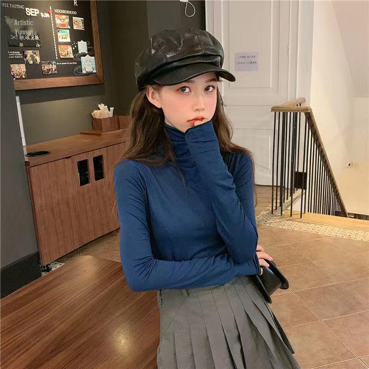 Women's High Collar Solid Color Slim Fit Long Sleeve Top for Spring and Autumn