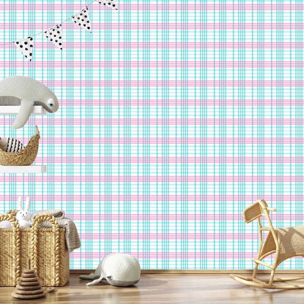 Pink and blue checkered wallpaper, celadon, white and powder pink, 50x1000