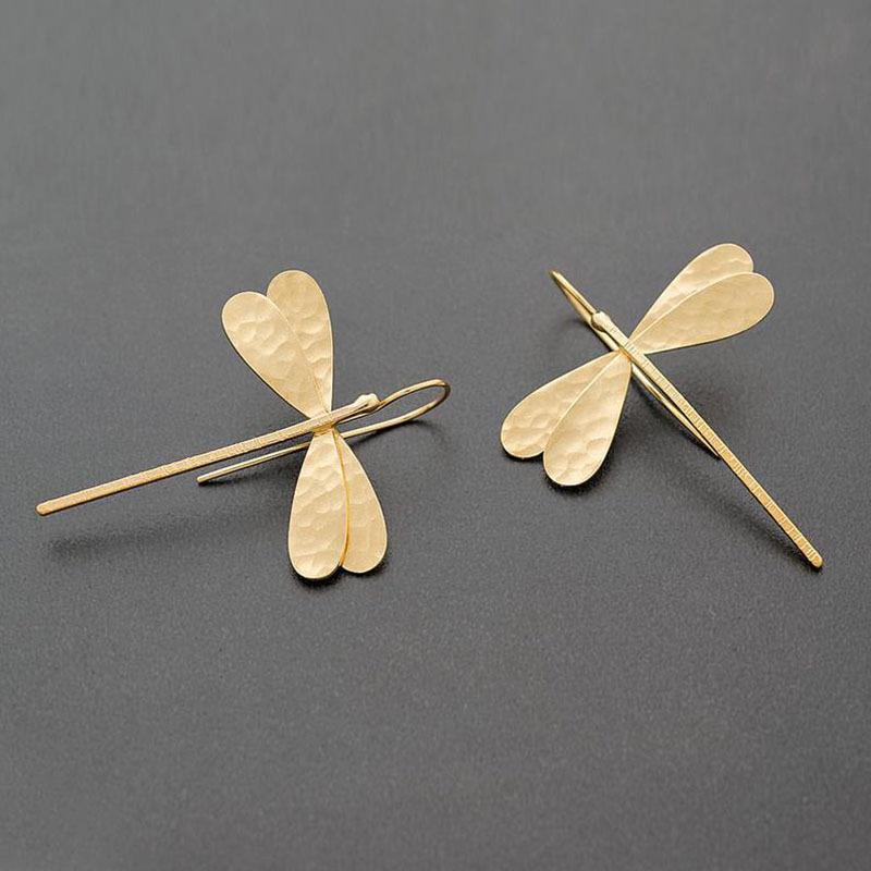 Gold Hammered Metal Dragonfly Dangle Earrings for Women - Minimalist Insect Accessories