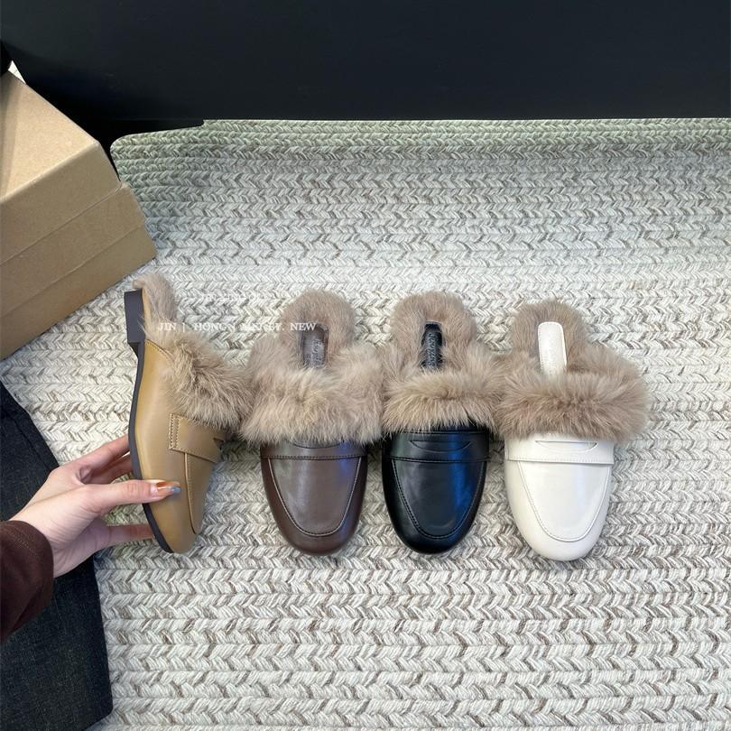 Fleece warm 3cm low-heeled autumn and winter half slippers 2025 new square head fluffy shoes women's leather flat-soled rabbit fur shoes