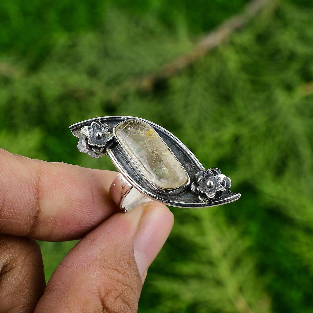 925 Sterling Silver Natural Golden Rutile Multi Stone Flower Promise Bezel Ring