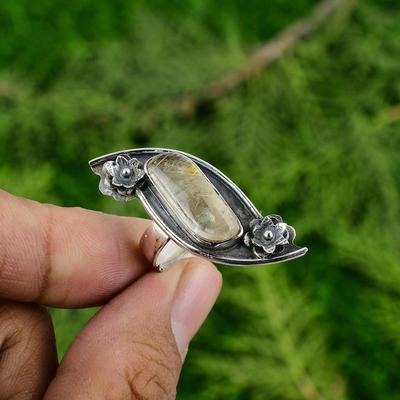 925 Sterling Silver Natural Golden Rutile Multi Stone Flower Promise Bezel Ring