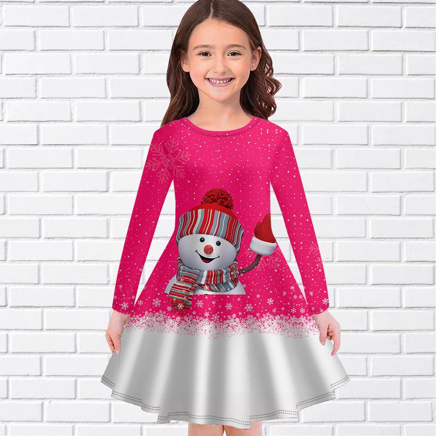 

Повседневное платье для девочек с рождественским принтом снеговика и круглым вырезом, с длинными рукавами, детское платье принцессы 180 ярко-розовый