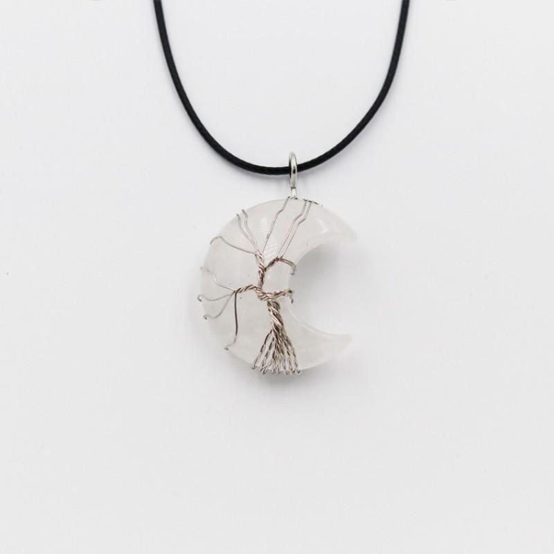 Handcrafted Geometric Moon Pendant Necklace With Natural Stone Wire-Wrapped Tree Design Women