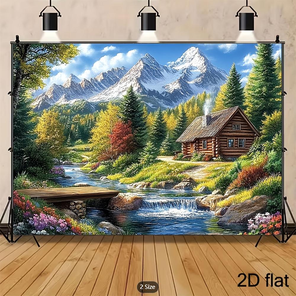 2D Plane 1 Piece of Mountain Cabin Landscape Background Fabric Suitable for Home Wall Decoration Photography and Parties
