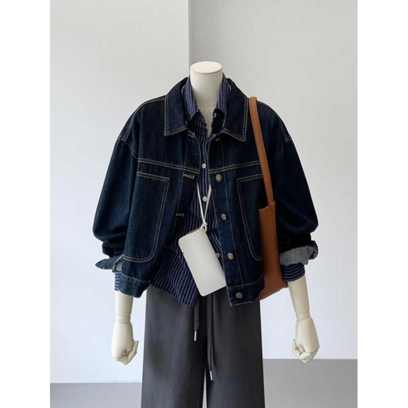 Women s Spring/Fall Retro-Style Work Jacket for Petite Women, Layered Under a Loose-Fitting Denim Jacket S темно-синий