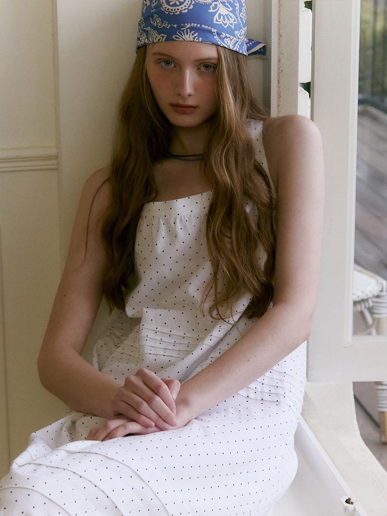 Mout Square Neck Back Ribbon Dress (Dot Ivory)