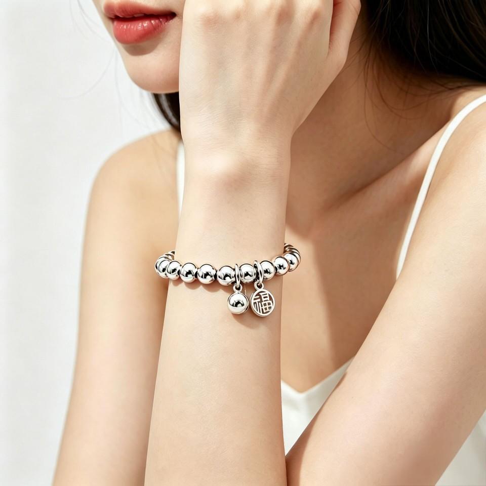 Sterling Silver999Bracelet with Fortune Charm, Pure Silver Fortune Beads, Round Shiny Beads, Non-fading Jewelry, Birthday Gift for Girls