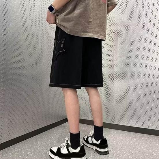 Men Denim Shorts Elastic Waist Adjustable Drawstring Oversized Wide Leg Short Jeans Washed Knee-length Shorts with Tassel Edge Star Patch