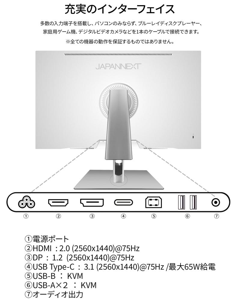 JAPANNEXT IPS WQHD bílý LCD monitor HDMI DisplayPort USB až 65W napájení Ekvivalentní HDR400 Vybaven plochým stojanem Kabel v balení 27palcový