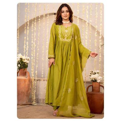 Women's Premium Vichitra Silk Embroidered Flared Kurta with Pant And Dupatta Sets