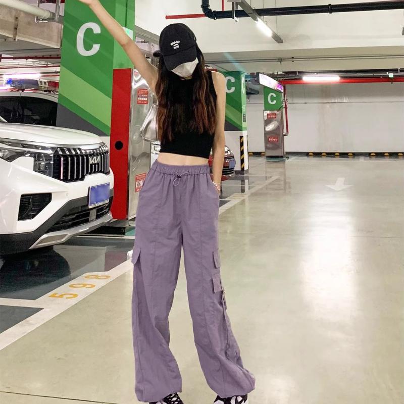 American Casual Retro Purple HighWaist Straight Cargo Pants for Women  Summer Loose Thin Athletic WideLeg Trousers