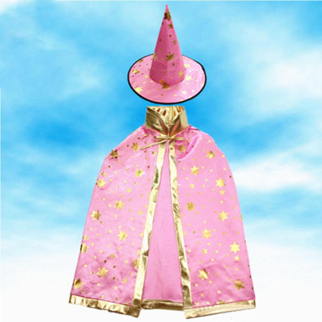 Children's Magic Wizard Cloak and Hat Set Star Pattern Long Robe Costume Cape for Performance Dress Up and Role Play Accessories