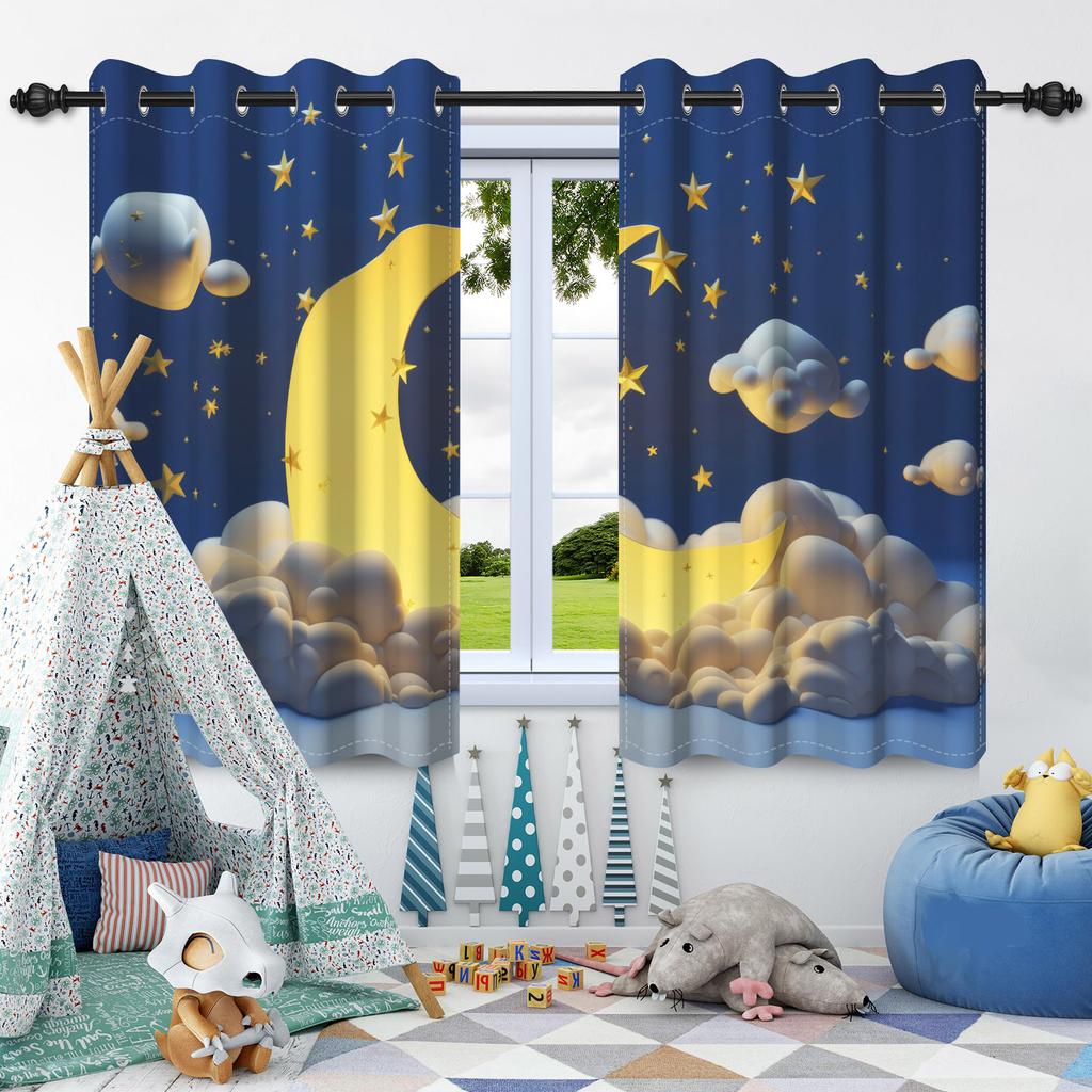 Night Starry Sky Moon Stars Milky Way Blackout Curtains Children'S Bedroom Heat Insulation Noise Reduction Window Drapes 2Pcs