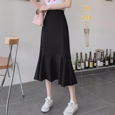 High Waist Black A-Line Fishtail Skirt - Spring, Plus Size, Belly Coverage, Slimming Effect