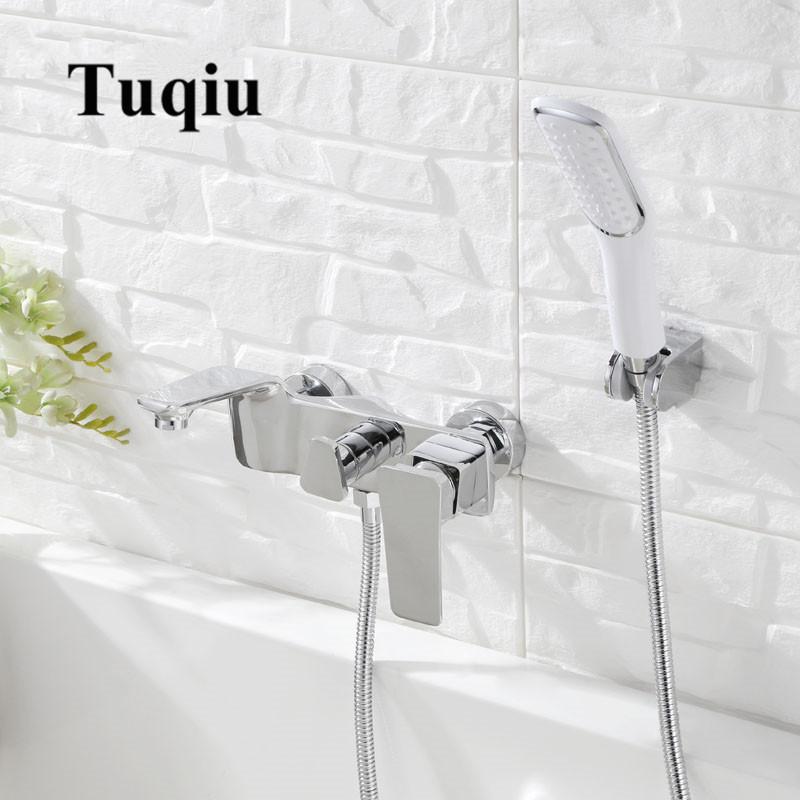 Tuqiu Bathtub Shower Set Wall Mounted Gold and White Bathtub Faucet, Bathroom Cold and Hot Bath and Shower Mixer Taps Brass