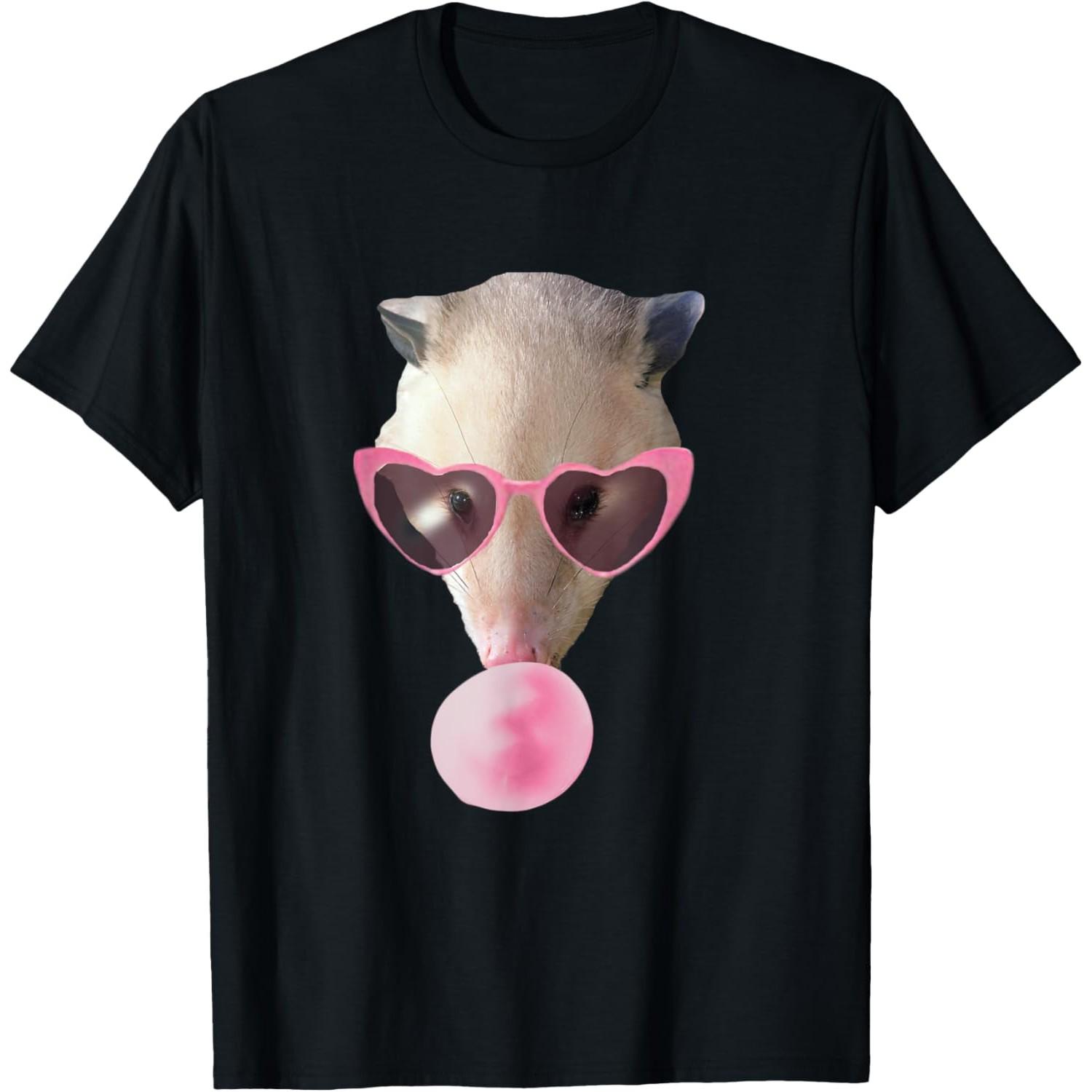 Funny Opossum Graphic Tee Pink Heart Sunglasses Chewing Bubble Gum Print Casual T-Shirt S