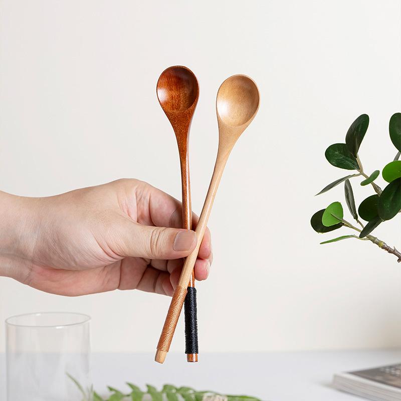 2Pc Wooden Tea Spoon Long Coffee Spoons Small Teaspoon Set Wood Multi-Purpose Stirring Wooden Long Handle Teaspoons Tableware