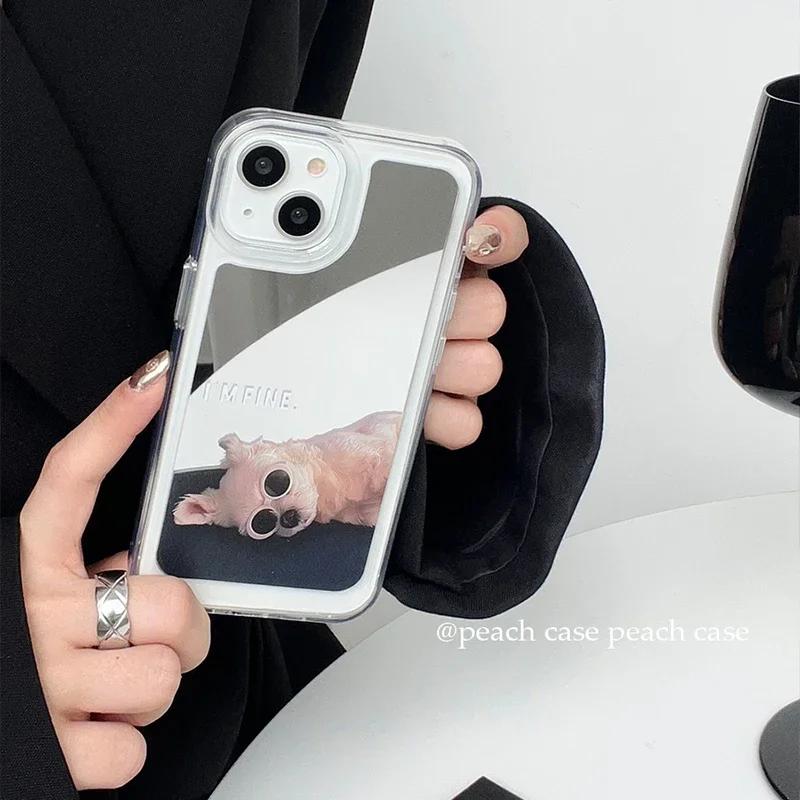 Cute Cat Dog Electroplated Mirror Surface Phone Case For iPhone 16 Pro Max 15 14 13 12 11 Pro Max Makeup Mirror Funny Cat Cover