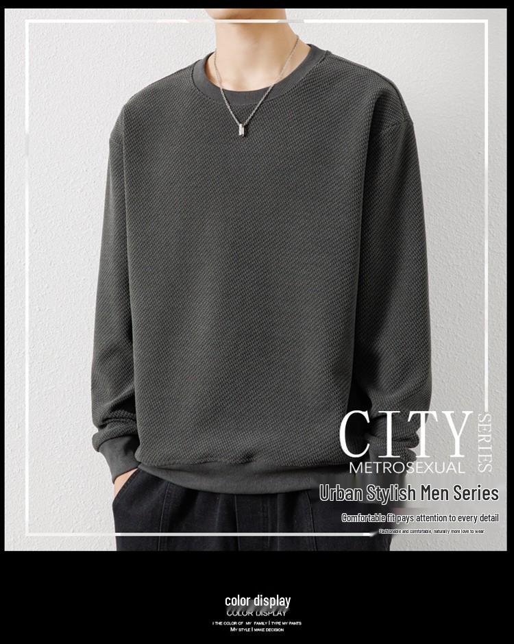 Woodpecker Men's Waffle Knit Long Sleeve T-Shirt - Round Neck, Thick Cotton, Versatile Casual Base Layer for Spring and Autumn