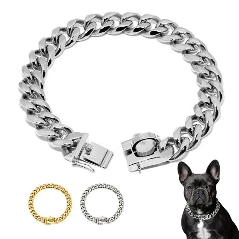 Collier pour animal de compagnie en acier inoxydable avec anneau latéral Anneau de sécurité Chaîne de chien dorée Collier décoratif pour chien 10inch(25cm) argenté