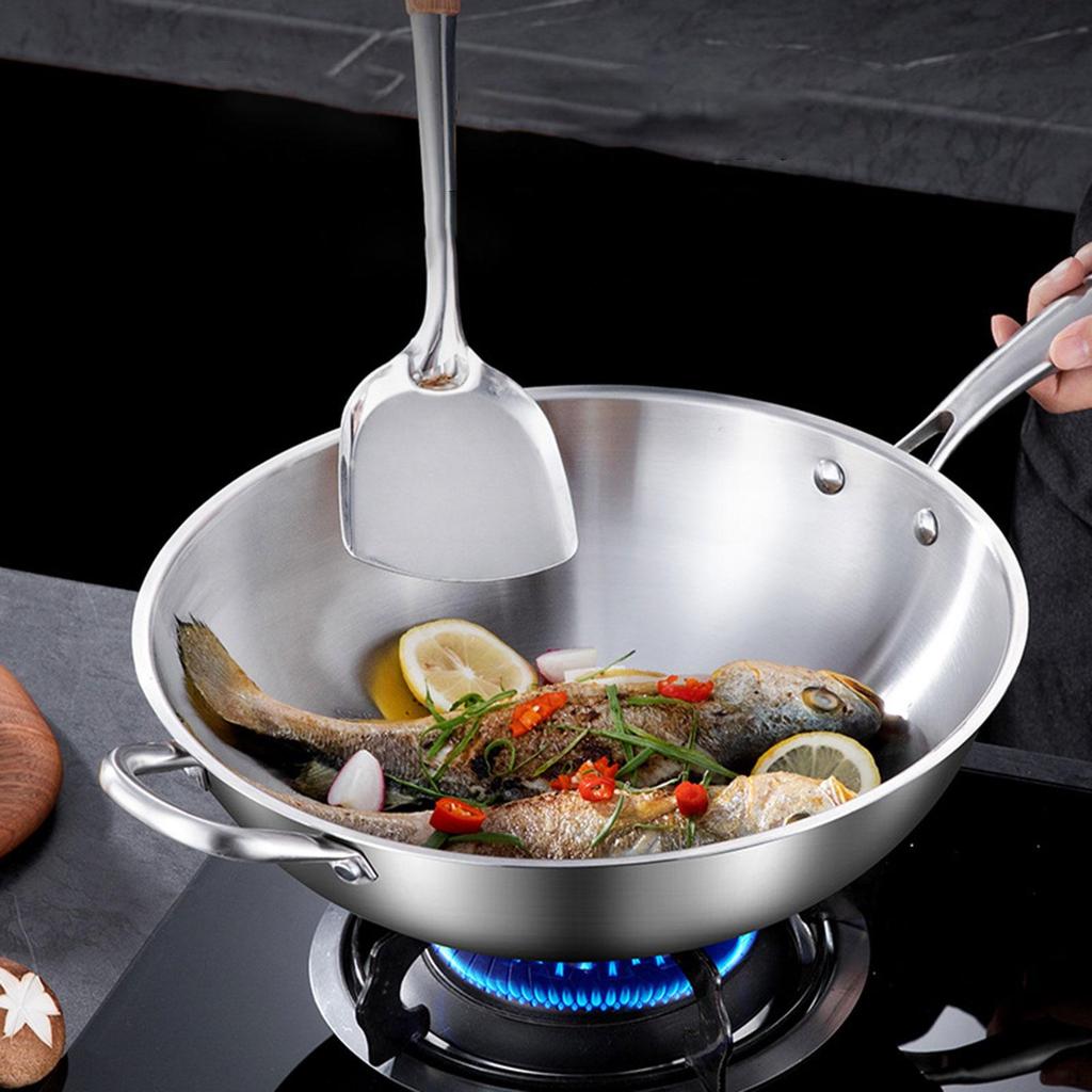 Stainless Steel Wok Pan Cooking Tool Ergonomic Handle Sturdy Versatile with Helper Stir Fry
