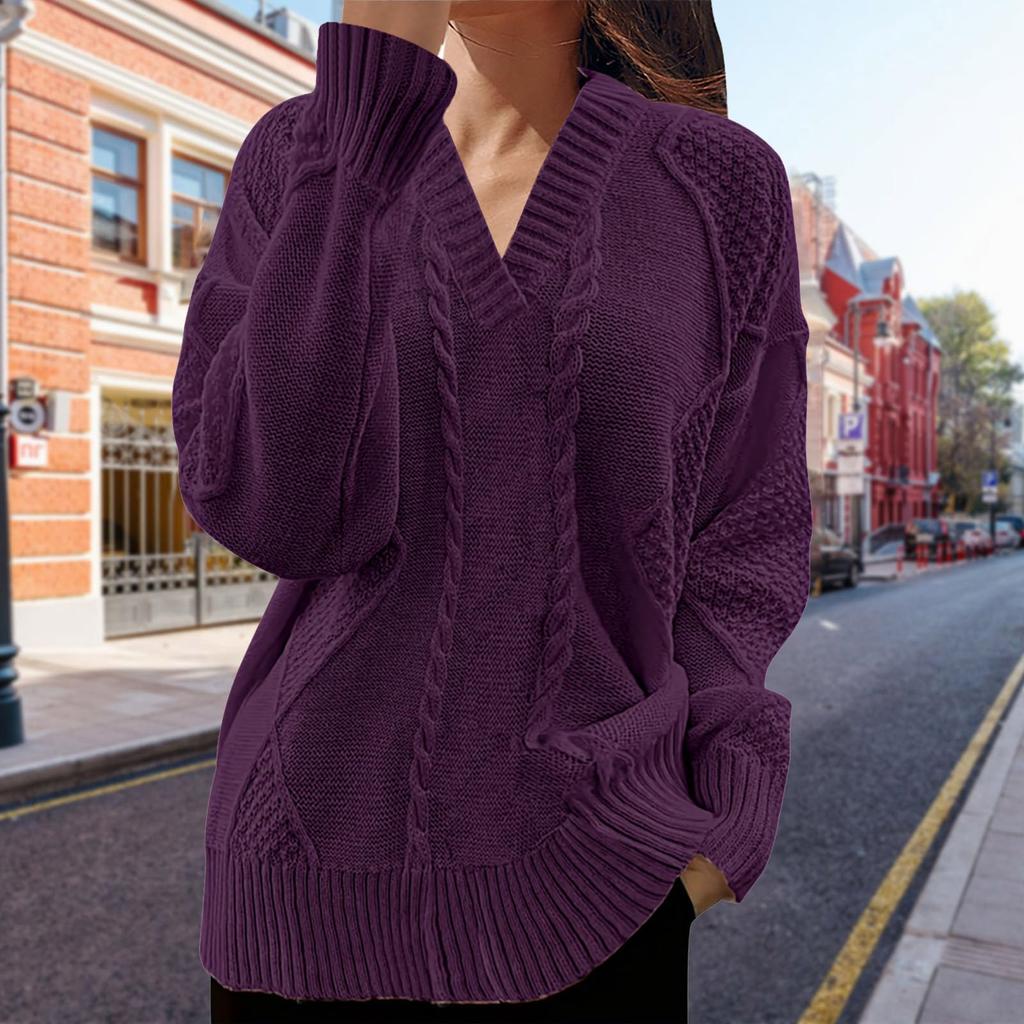 Women's Fashion Casual V-neck Twill Knitted Sweater Long-sleeve Top