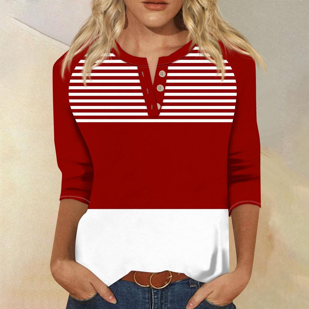 Women's Fashion T-Shirt Casual Printing V-Neck Button Up Shoulder Sleeves Seven Quarter Sleeve Top
