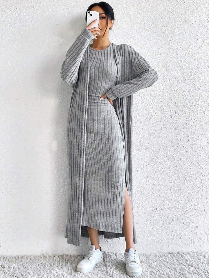 Spot Hot-selling Women's Clothing European Beautiful Women Autumn Fashion Vest Dress Long Sleeve Long Coat Two-piece Set