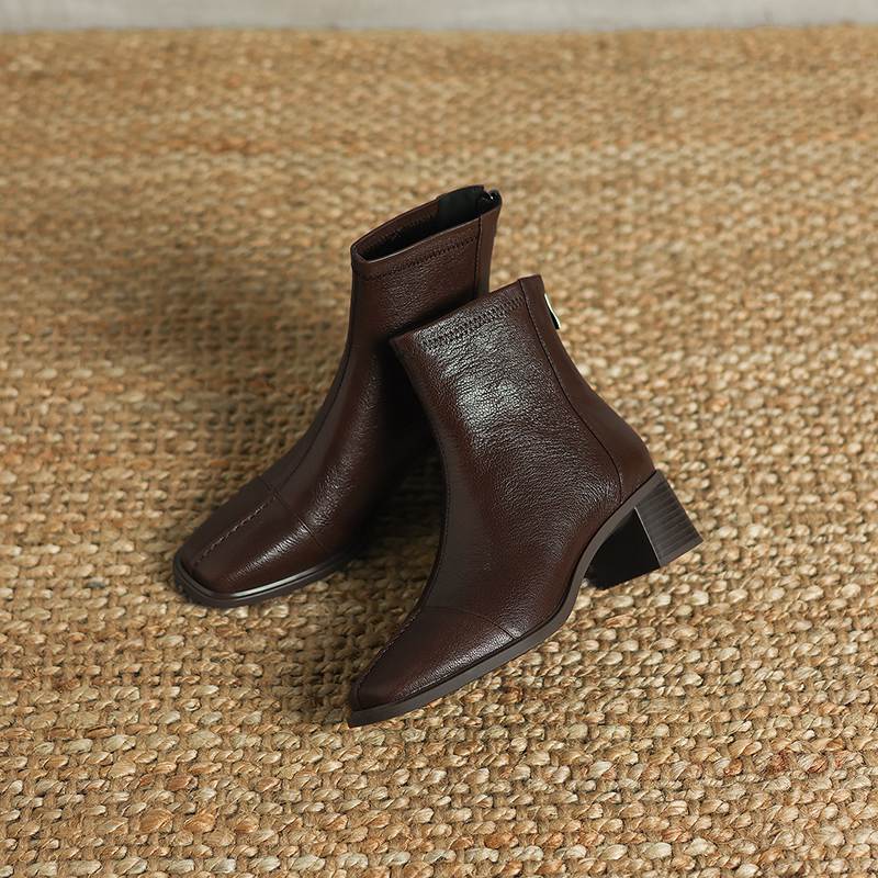 Krazing Pot Sheepskin Autumn Winter Shoes Thick Heels Size 42 Square Toe Zipper Vintage Ankle Boots