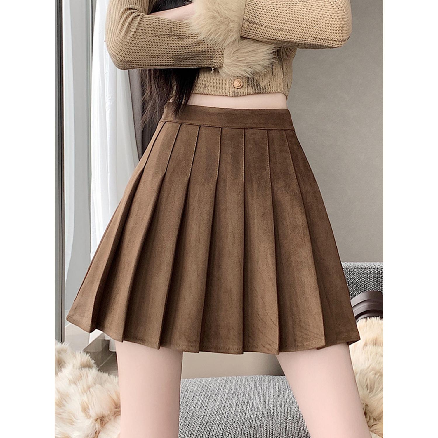 

Coffee Maillard Suede A-line Pleated Skirt - Women s Autumn/Winter Petite Leather-look Skirt M коричневый
