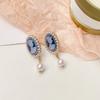 Vintage Palace Blue Cameo Portrait Stud Earrings with Imitation Pearls and Silver Posts