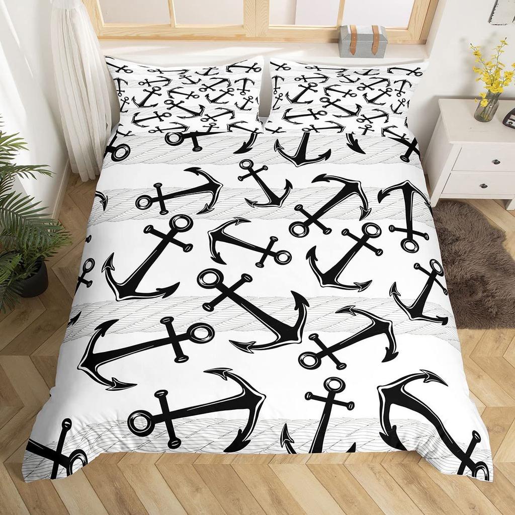 Nautical Anchor Striped Pattern Bedding Cover With Pillowcase Quilt Cover Three-Piece Duvet Cover Set