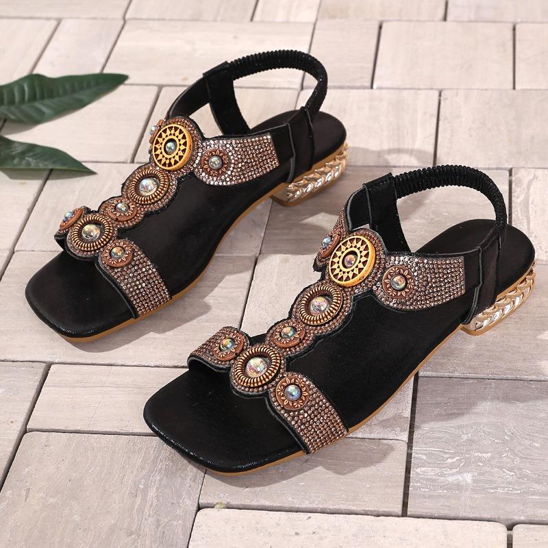 Square Heel Sandals New Summer Square Toe Vintage Beaded Fairy Peep Toe Rhinestone Plus Size Non-Slip Romans