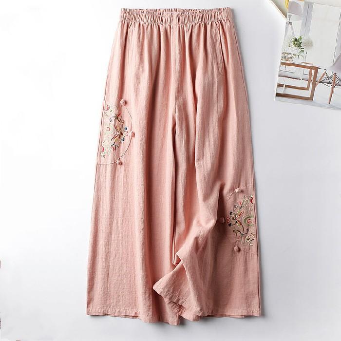 Women's Summer Thin Retro Ethnic Style Cotton and Linen Casual Pants Embroidered Comfortable Wide-legged Pants Nine Pants