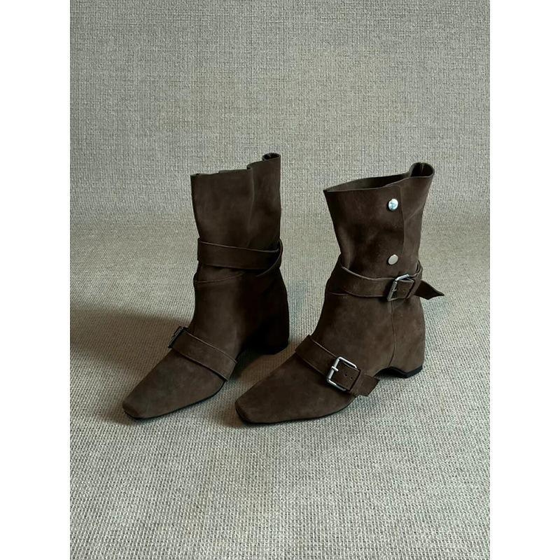 Koeienhuid versie~ retro mat leer temperament binnenhoogte verhoging western cowboylaarzen dames niche nieuwe gesp korte laarzen