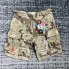 ZYLLO Summer Fashion Camouflage Splicing Leather Letter Washed Retro Knee Jeans Men Women Shorts