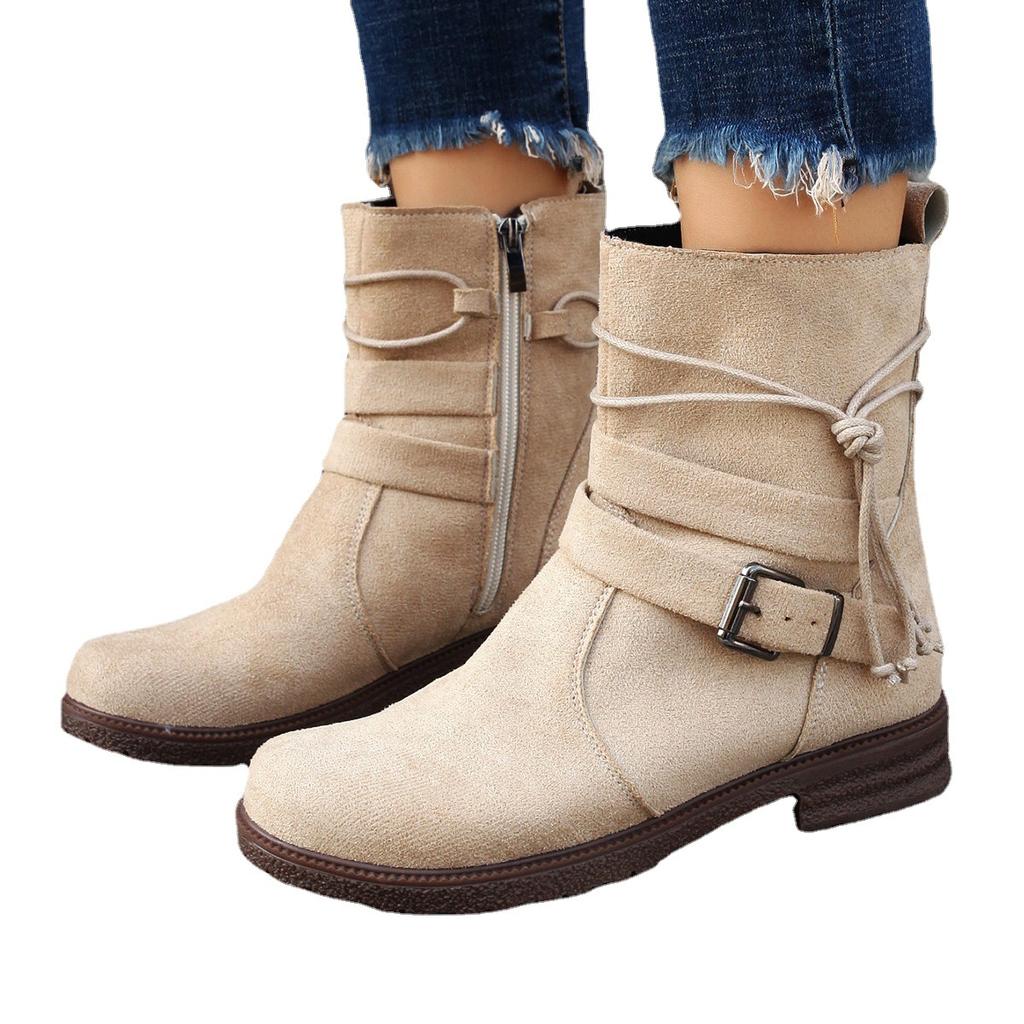 Autumn and winter new round head side zipper low heel large size short boots flat bottom belt buckle suede Martin boots