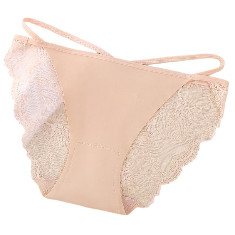 

3PCS Women s Low Waist Ice Silk Thong Panties Sexy Lace Strappy Breathable Quick Dry Seamless Triangle Underwear XL бежевий