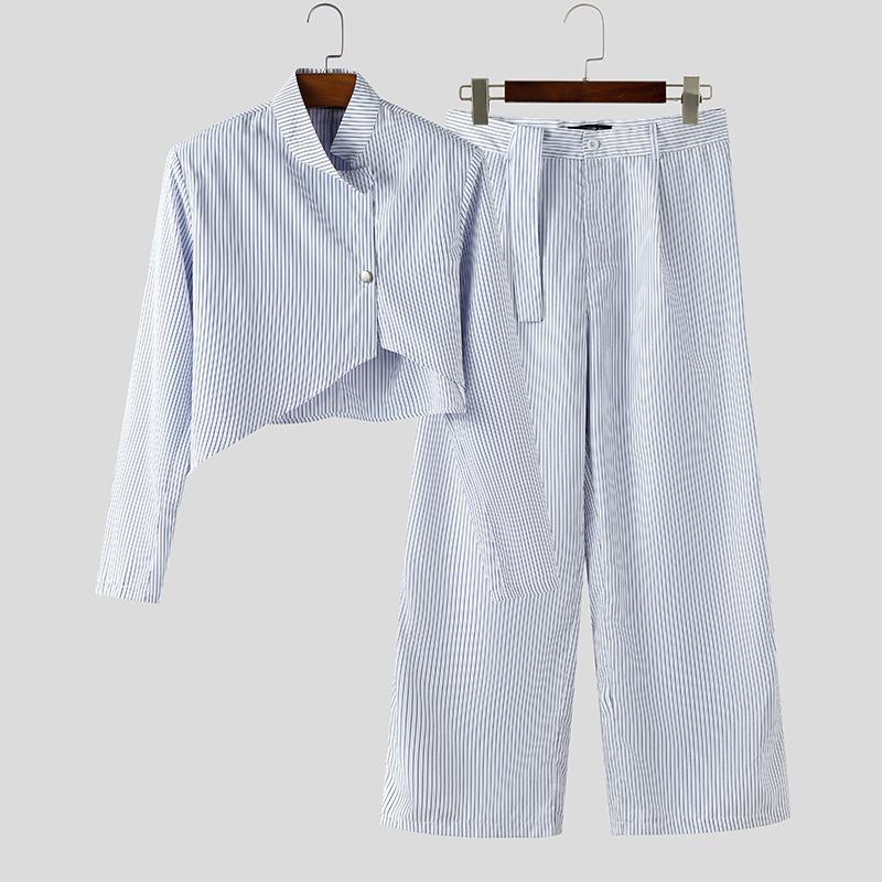 

INCERUN Men Outfits Stand Neck Striped Long Sleeve Crop Tops Zip-Up High Waist Long Pants Sets 5XL синий