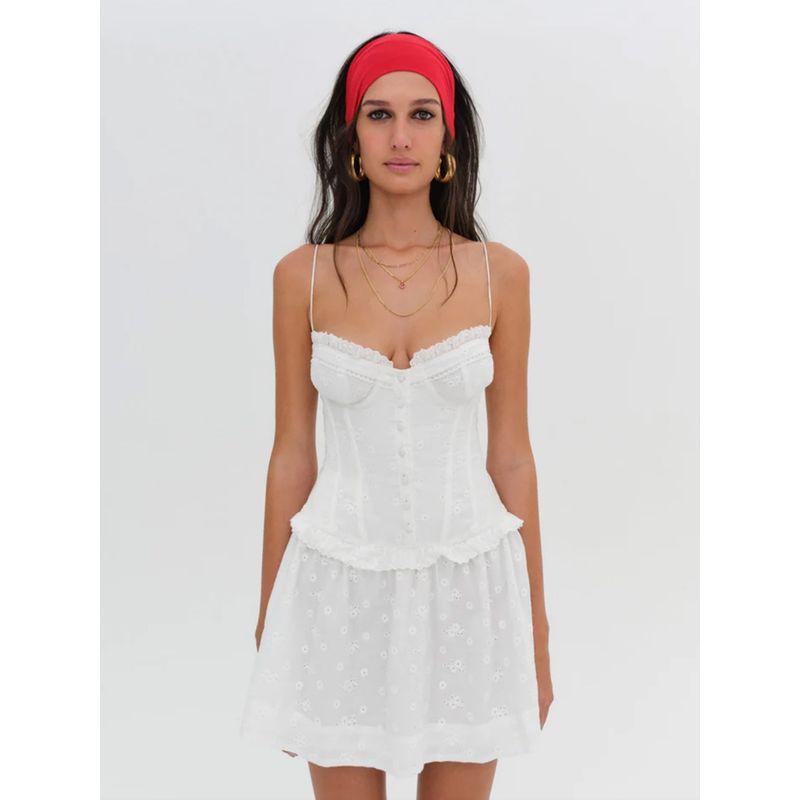 Forlove French Style Sweet White Three-Dimensional Steel Ring Embroidery Waist Hugging Slimming Holiday Style Short Sling Dress