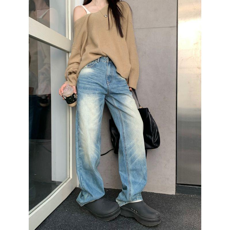 

Kumikumi Retro Washed Denim Women s Autumn White Mop Pants Easiest for Match Loose Loose Pants High Waist Pants Image color XL