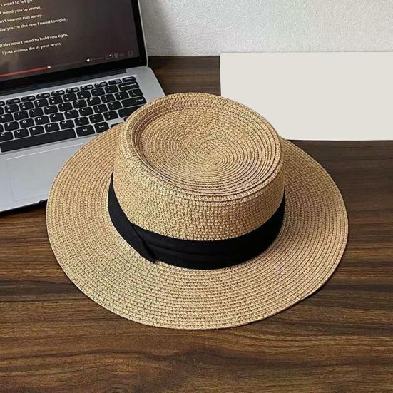 French Style Straw Hat with Large Brim Ribbon Decor Foldable Sun Protection Hat Summer Beach Travel Vacation Hat