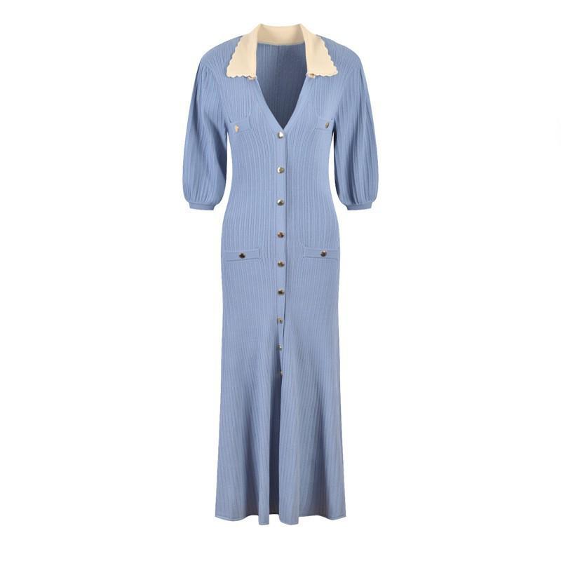 Elegantní francouzské pletené džínové svetrové šaty s krátkým rukávem