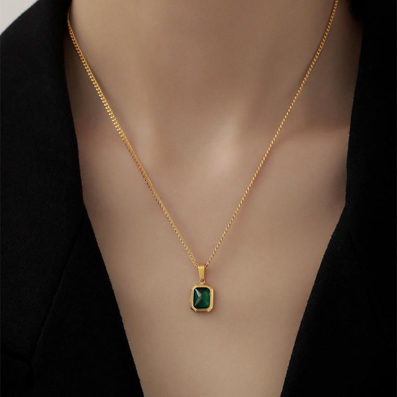 Mode Retro Quadratischer Grüner Zirkon Anhänger Halsketten Für Frauen Charm Halskette Mädchen Hochzeit Verlobung Schmuck Geschenk