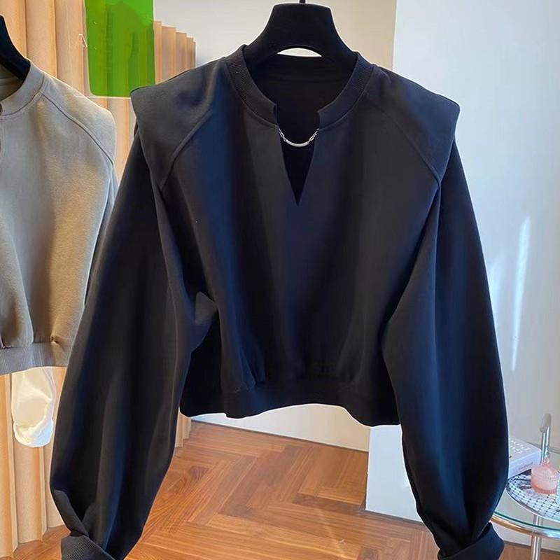 Women's Spring/Fall V-Neck Padded-Shoulder Cropped Sweatshirt: Korean-Style, Youthful, Unique, Loose-Fitting, Slimming Base Layer