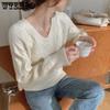 Knitted Heart Pattern Women Sweater Sweet Loose Short Pull Pullover Simple Casual Style V-neck Long Sleeve Top Korean Fashion