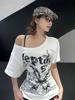 T-shirt Bianca Y2k Vintage Oversize Scollo a Barca Manica Corta Con Stampa Donna Casual Grafica Top Estivo Farfalla T-shirt