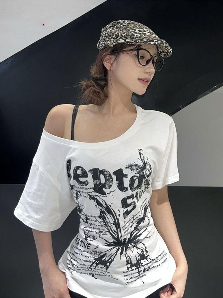 T-shirt Bianca Y2k Vintage Oversize Scollo a Barca Manica Corta Con Stampa Donna Casual Grafica Top Estivo Farfalla T-shirt