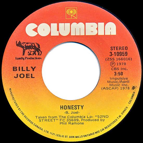 

7-дюймовая пластинка BILLY JOEL - Honesty 310959 Columbia 1979 Канада Рок Б/У